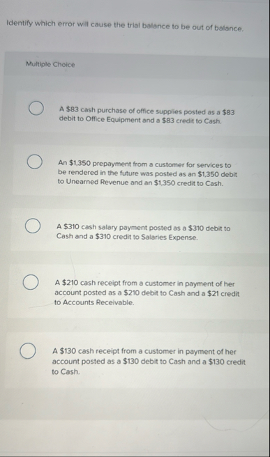Identify which error will cause the trial balance