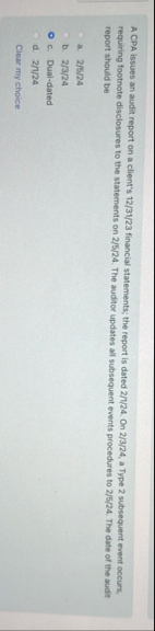 A CPA issues an audit report on a client's 1 2 3