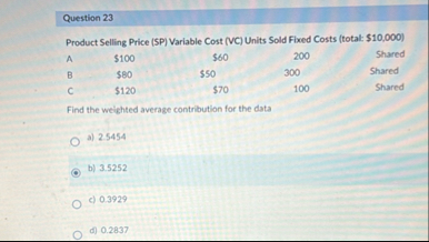 Question 2 3 Product Selling Price ( SP )