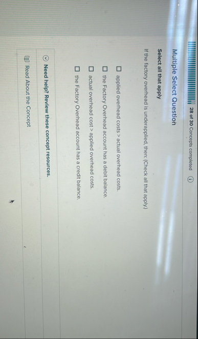 2 8 of 3 0 Concepts completed Multiple Select
