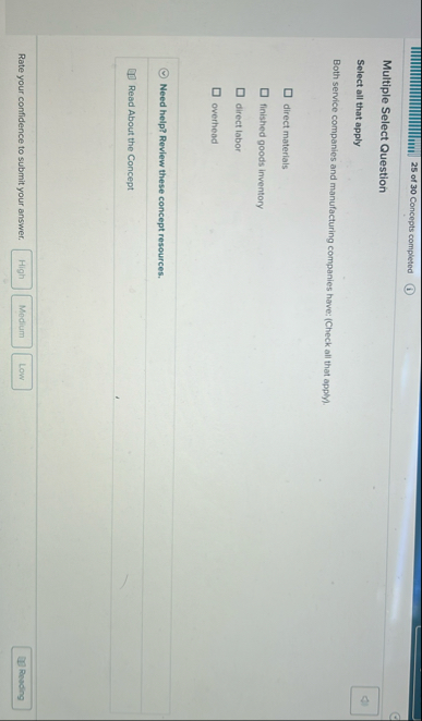 2 5 of 3 0 Concepts completed Multiple Select