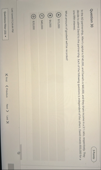 Question 3 0 In the AD partnership, Allen's
