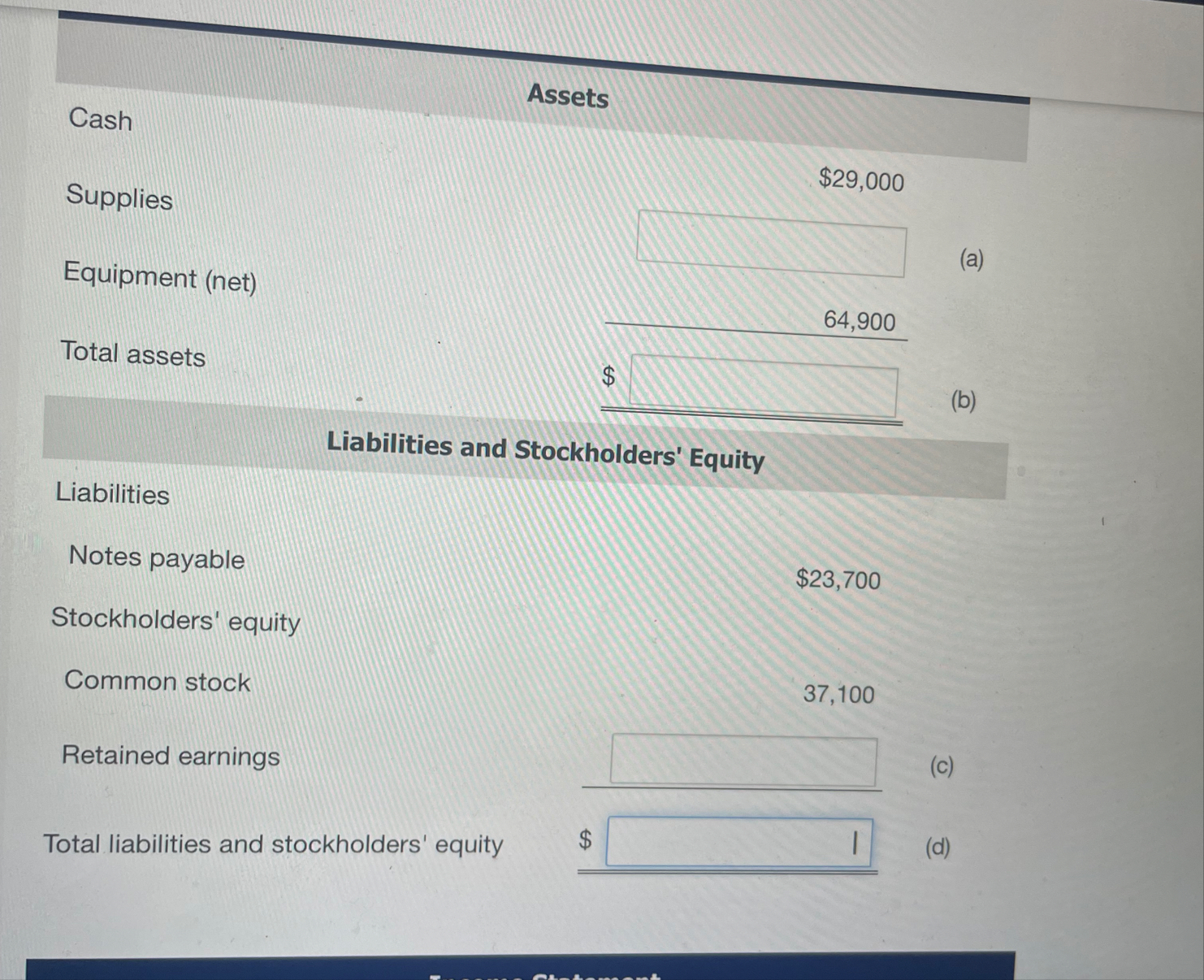 \ table [ [ ] , [ Cash , Assets, ] , [ Supplies ,