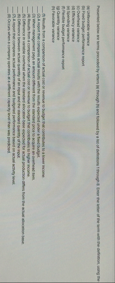 Presented below are terms preceded by letters ( a