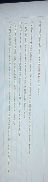 Identify which error will cause the trial balance