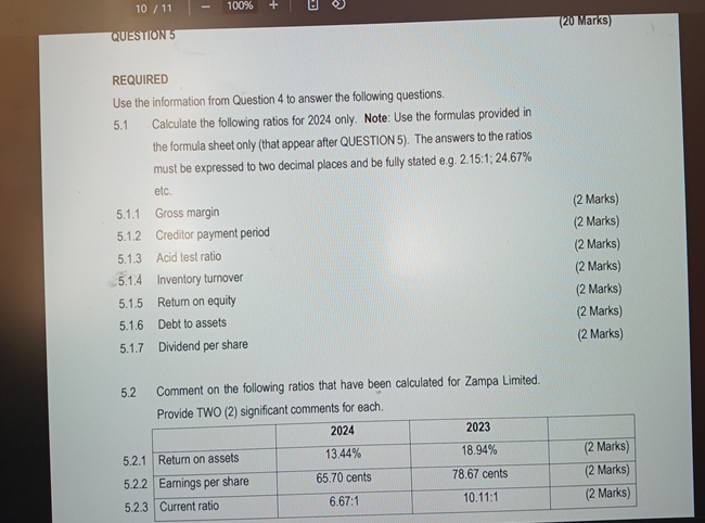 1 0 1 1 1 0 0 % ( 2 0 Marks ) QUESTION 5 REQUIRED