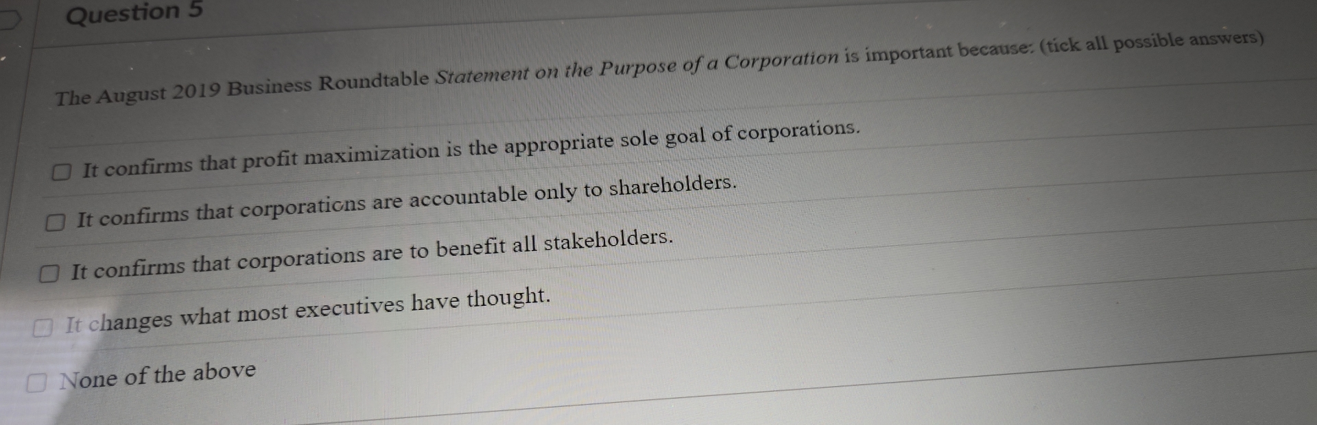 Question 5 The August 2 0 1 9 Business Roundtable