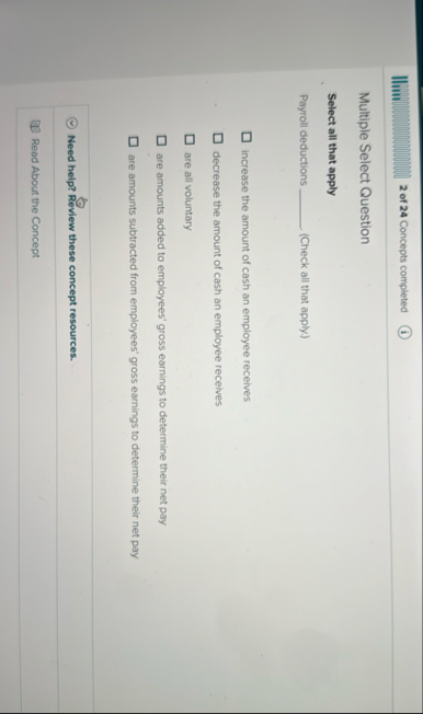 2 of 2 4 Concepts completed Multiple Select