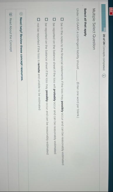 2 0 of 2 4 Concepts completed ( 1 ) Multiple