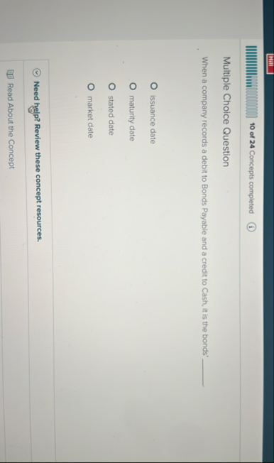 1 0 of 2 4 Concepts completed Multiple Choice