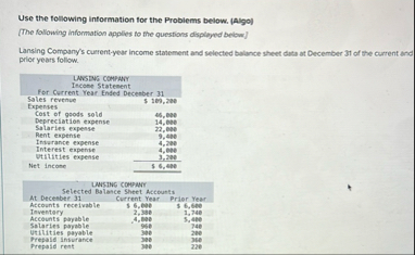 Use the following information for the Problems