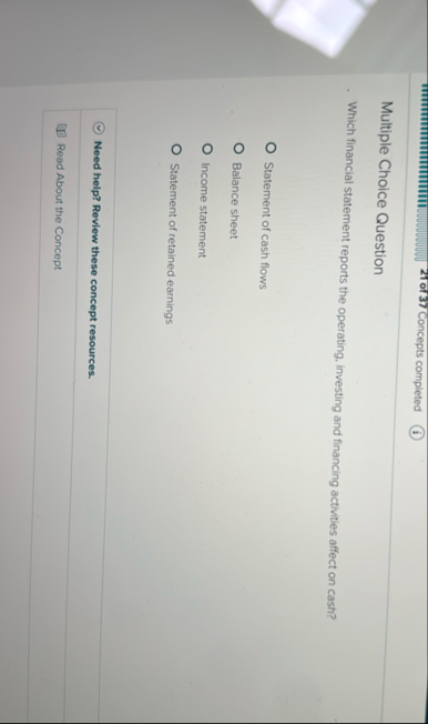 2 1 of 3 7 Concepts completed Multiple Choice