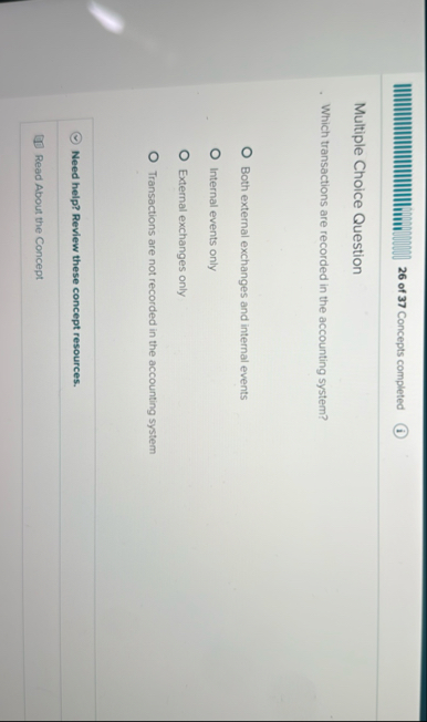 2 6 of 3 7 Concepts completed Multiple Choice
