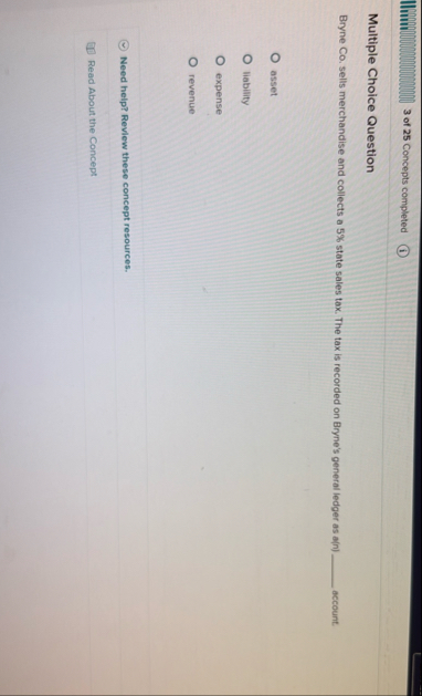 3 of 2 5 Concepts completed Multiple Choice