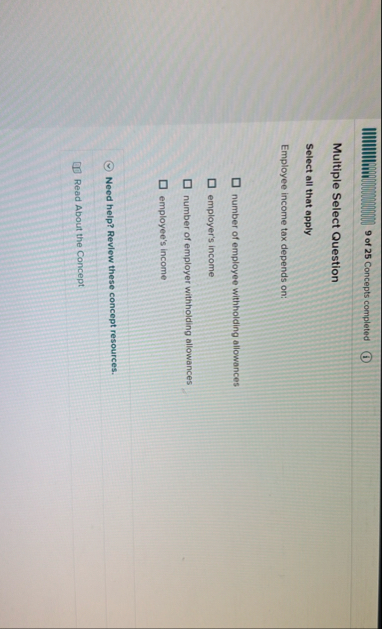 9 of 2 5 Concepts completed Multiple Select