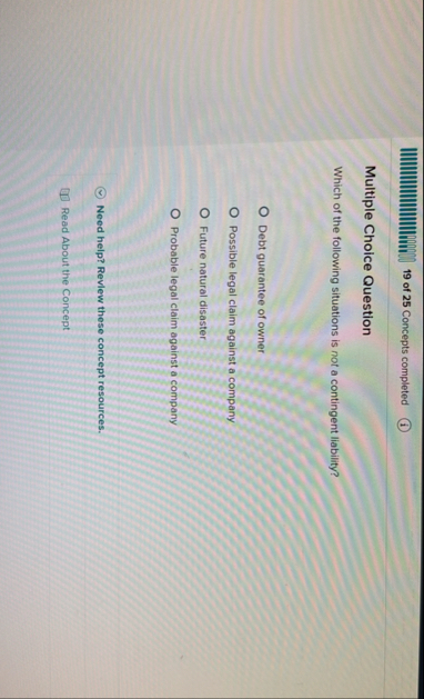 1 9 of 2 5 Concepts completed Multiple Choice