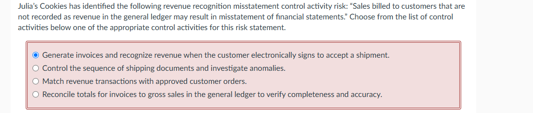 Julia's Cookies has identified the following