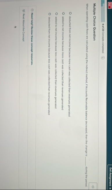 SHF 4 of 2 3 Concepts completed Multiple Choice