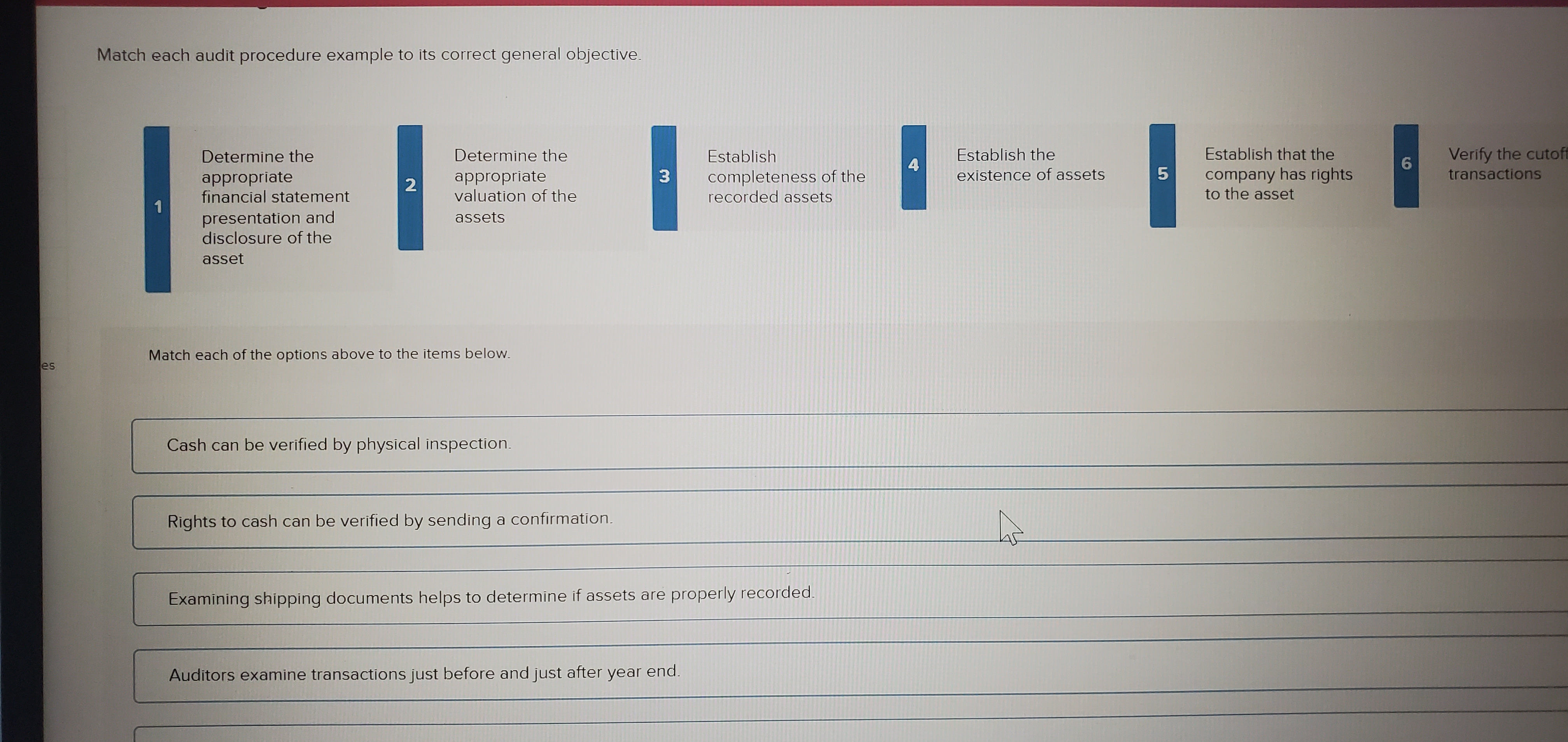Match each audit procedure example to its correct