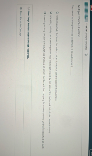 1 7 of 2 3 Concepts completed Multiple Choice