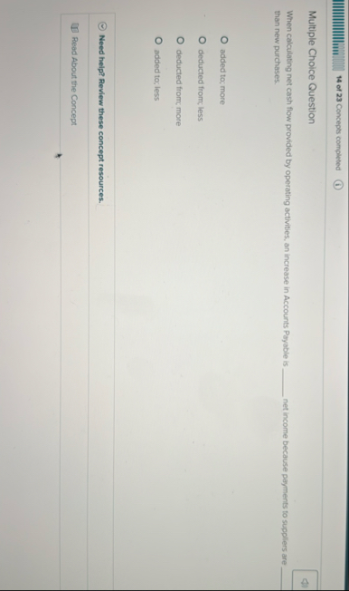 1 4 of 2 3 Concepts completed Multiple Choice