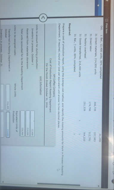 Print llem Oct. 1 Bal., 1 2 , 4 0 0 units, 3 0 %