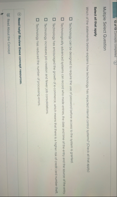 1 2 of 1 3 Concepts completed Multiple Select