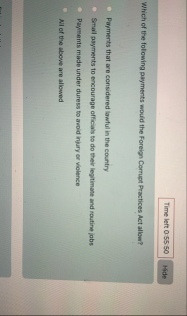 Time left 0 : 5 5 : 5 0 Which of the following