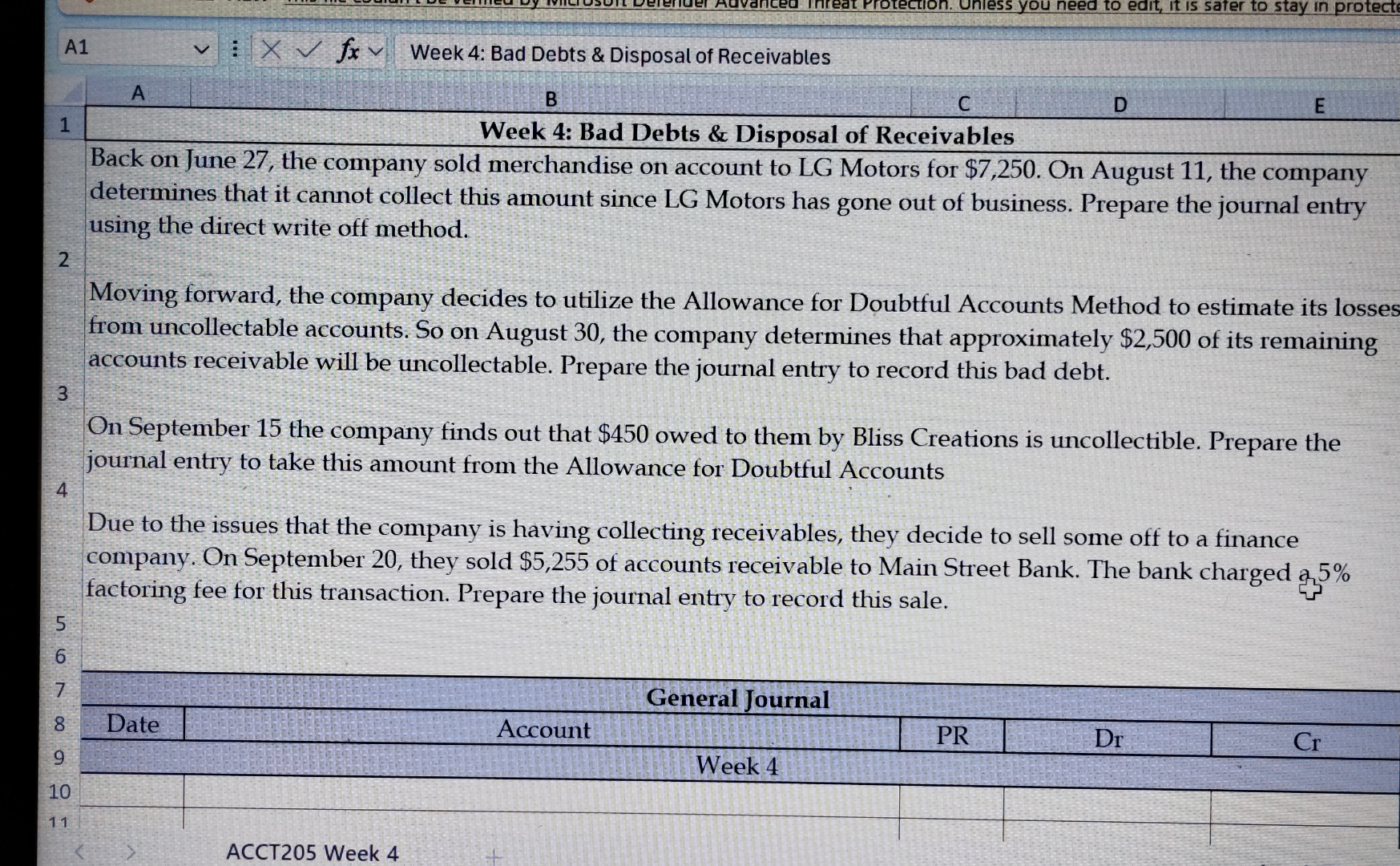 A 1 Week 4 : Bad Debts & Disposal of Receivables