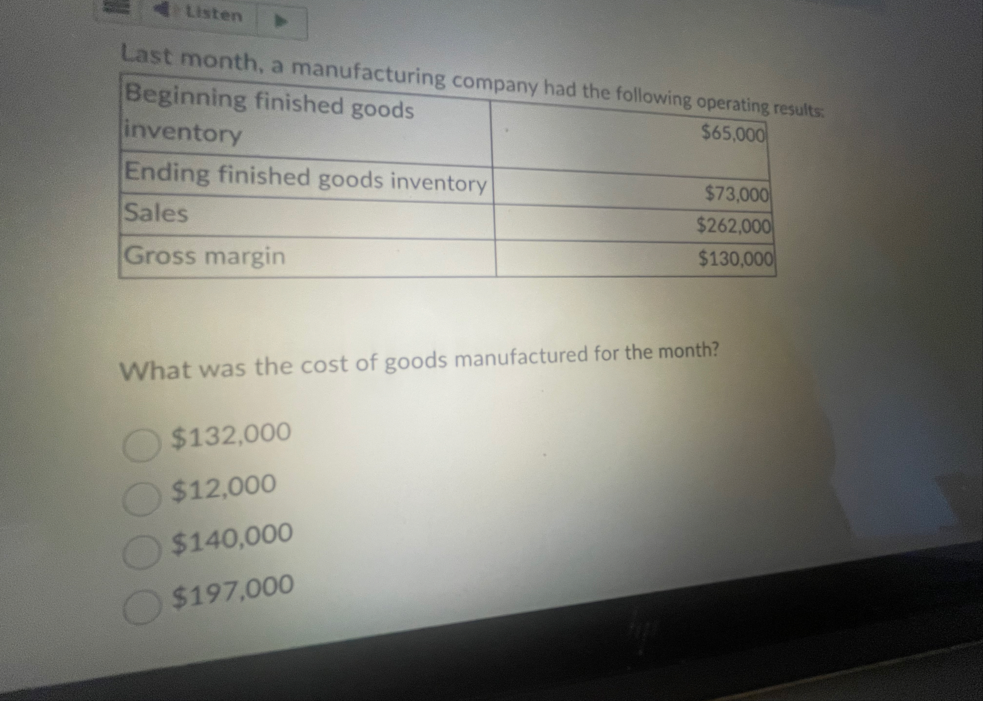 Listen \ table [ [ Beginning finished goods, ] ,