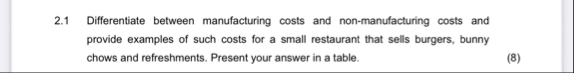 2 . 1 Differentiate between manufacturing costs
