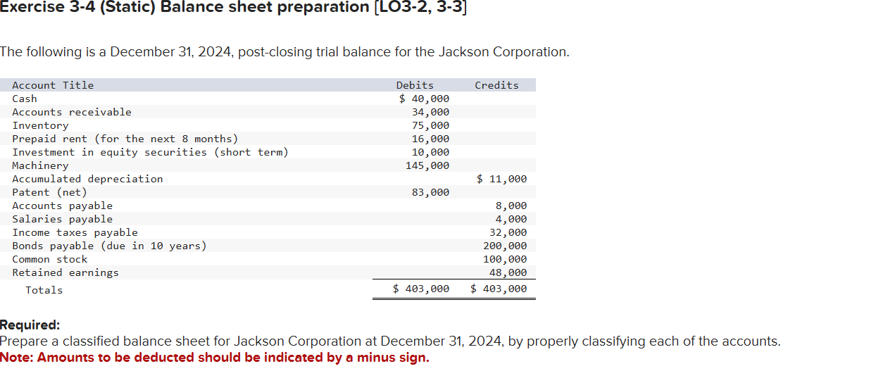 Exercise 3 - 4 ( Static ) Balance sheet
