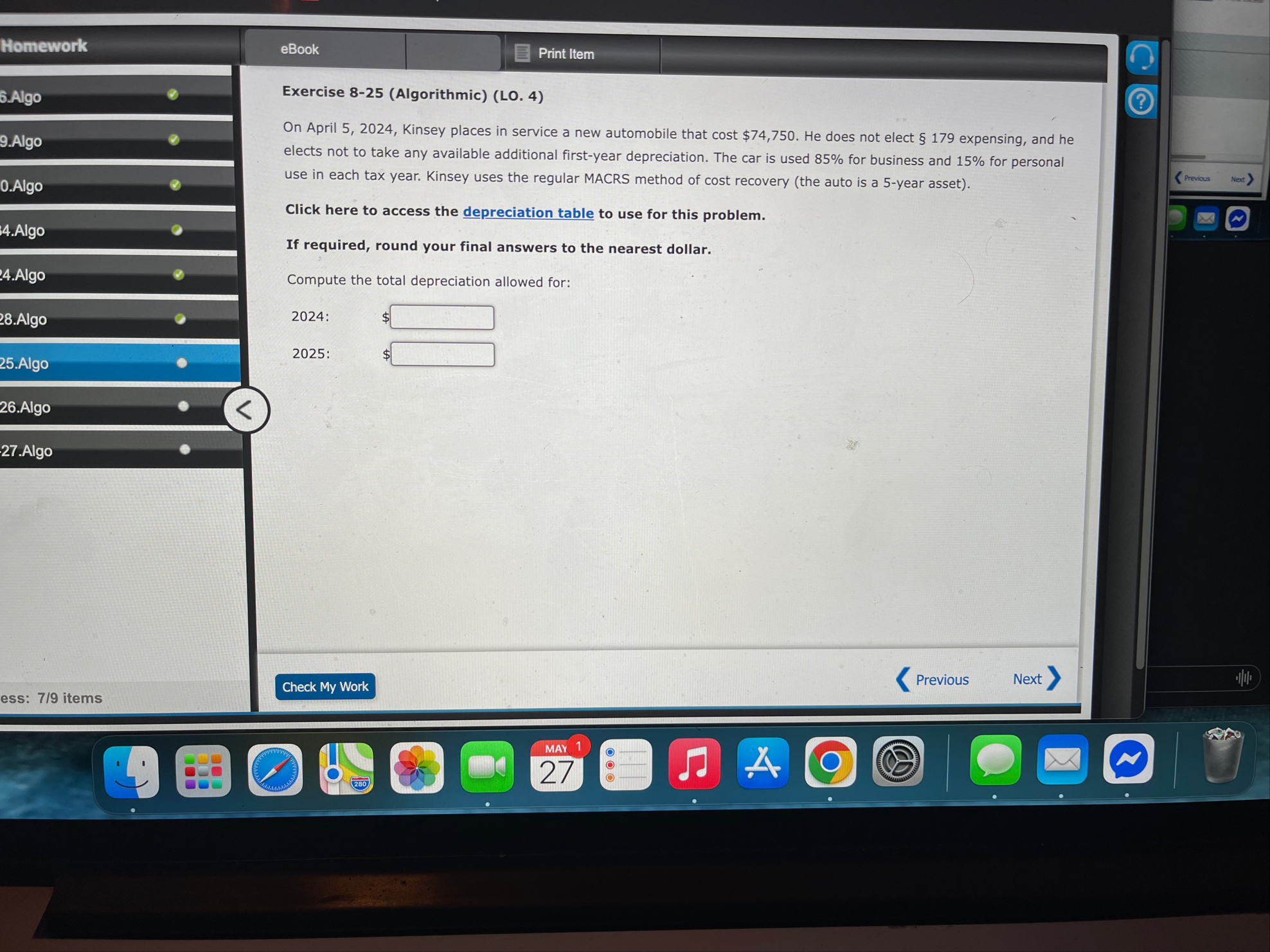 Homework eBook Print Item 6 . Algo Exercise 8 - 2