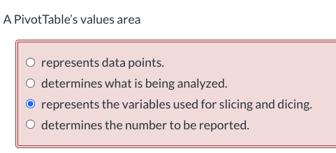 A PivotTable's values arearepresents data