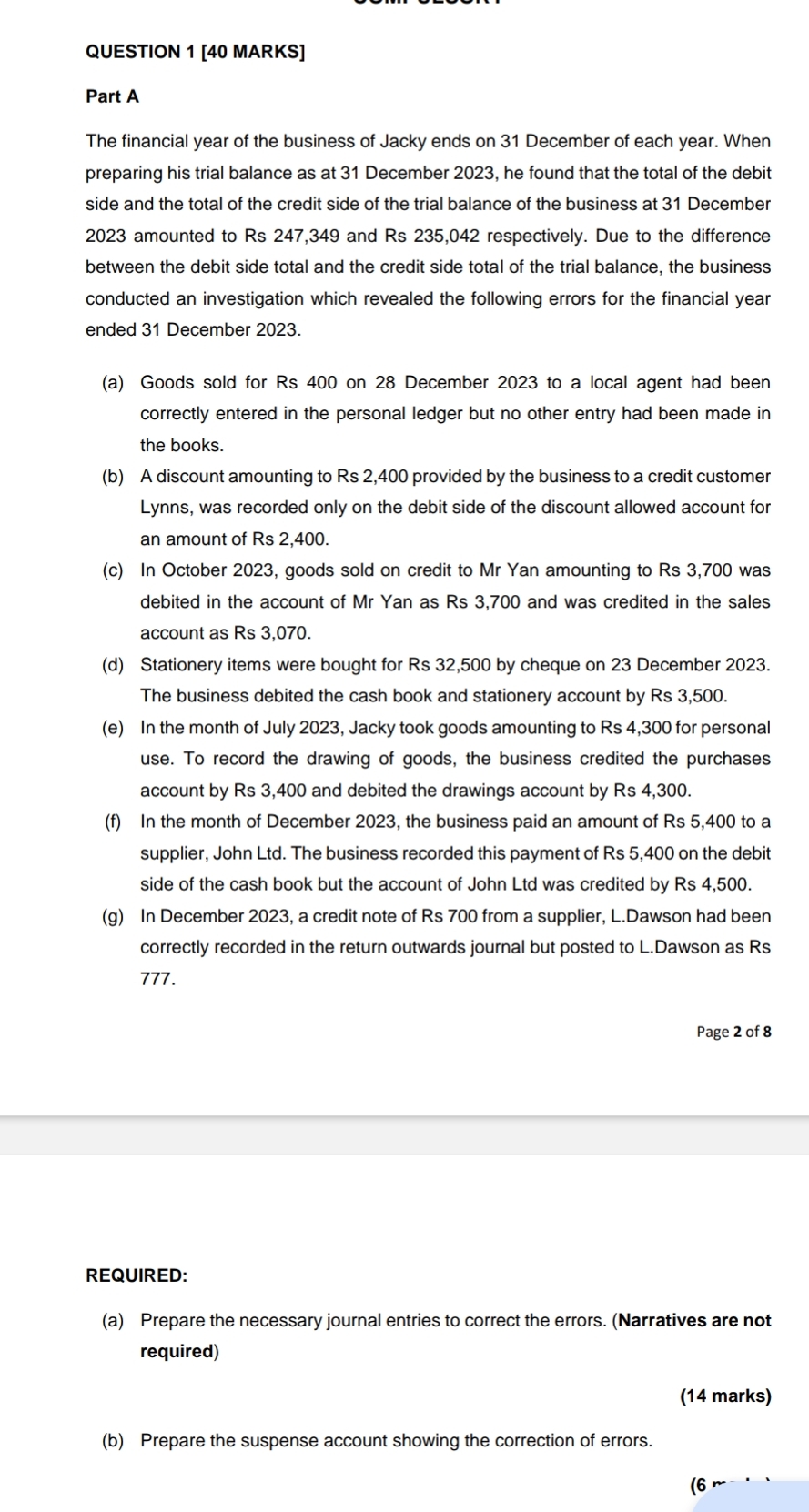 QUESTION 1 [ 4 0 MARKS ] Part A The financial