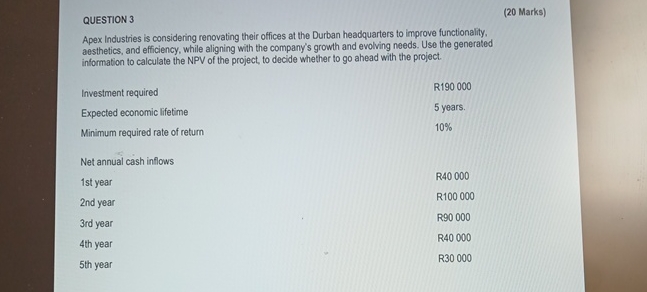 QUESTION 3 ( 2 0 Marks ) Apex Industries is