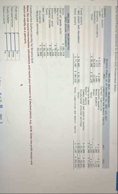Some recent financial statements for Smolira