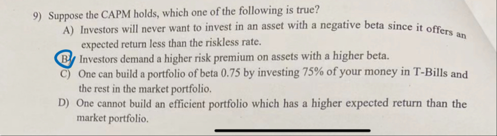 Suppose the CAPM holds, which one of the