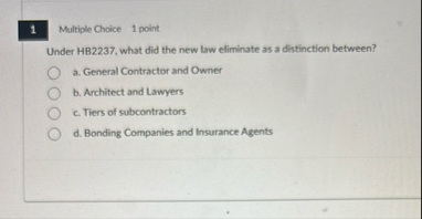 1 Multiple Choice 1 point Under HB 2 2 3 7 , what