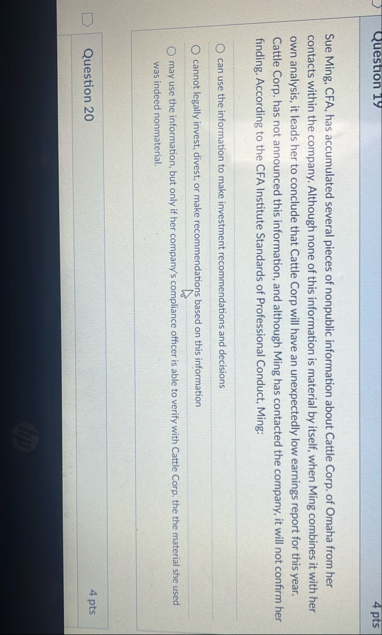 Question 1 5 4 pts Cronkite Walters, CFA,