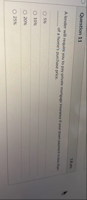 Question 1 1 1 . 8 pts A lender will require you