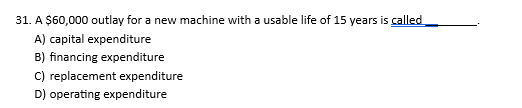 3 1 . A \ ( \ $ 6 0 , 0 0 0 \ ) outlay for a new