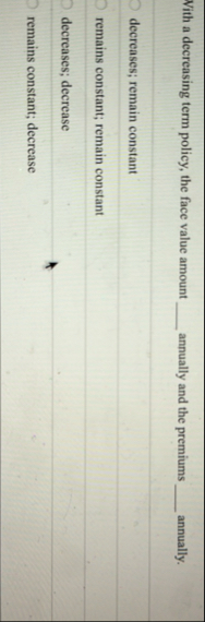 Nith a decreasing term policy, the face value