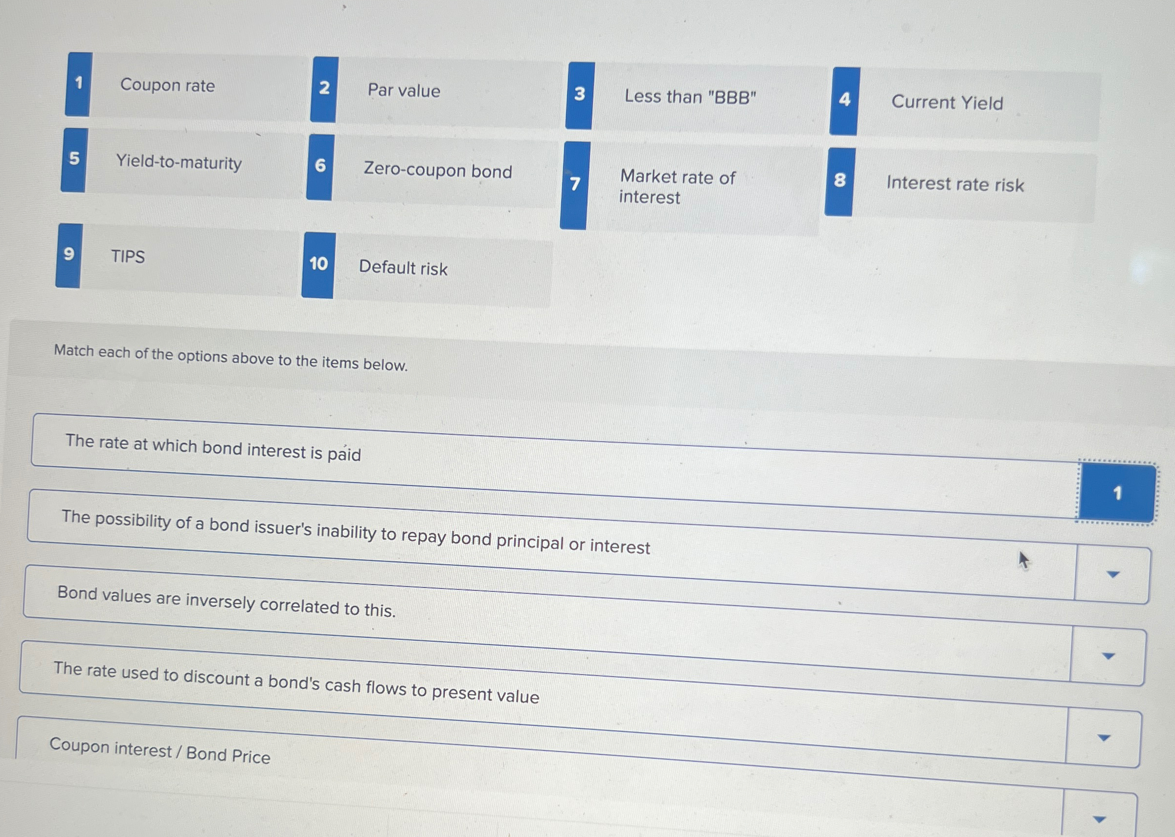 1 Coupon rate 2 Par value 3 Less than " BBB " 4