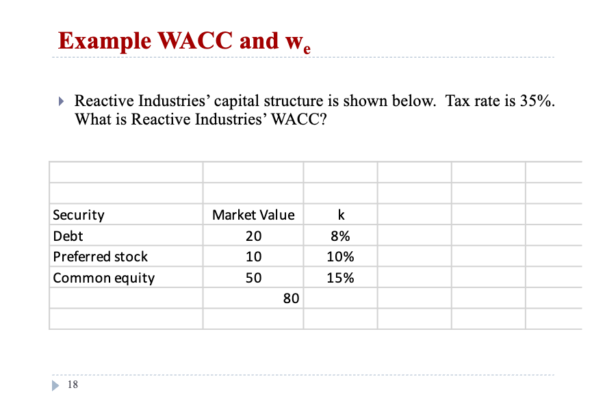 how would i solve this in excel? Example WACC and