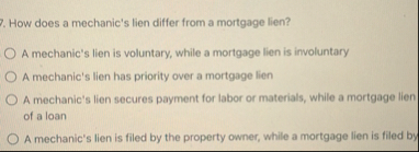 How does a mechanic's lien differ from a mortgage