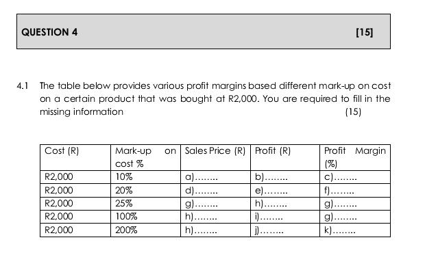 QUESTION 4 [ 1 5 ] 4 . 1 The table below provides
