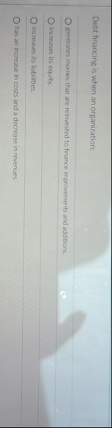 Debt financing is when an organization: generates