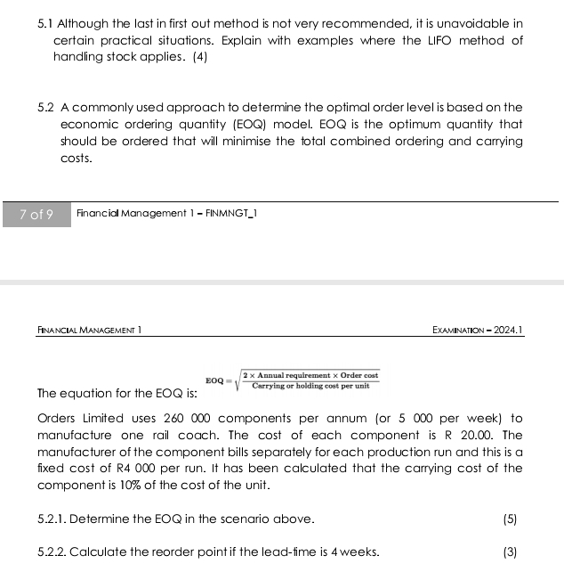 5 . 1 Although the last in first out method is