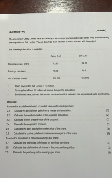 QUESTION TWO ( 2 5 Marks ) The directors of Cassy
